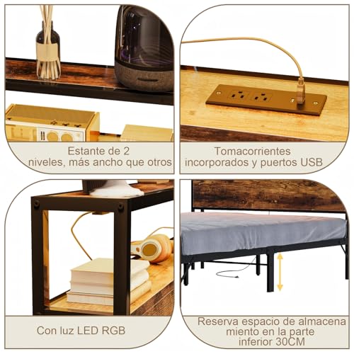 Simple Wisdom Cama Matrimonial 1.4 M con Base y Cabecero de Almacenamiento, 2 Salidas de Carga y 2 Puertos USB y Luces LED (Retro)