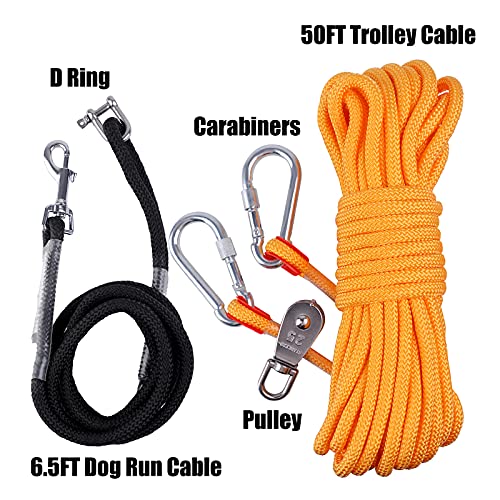HQQNUO Dog Tie Out Cable, 50ft Dog Tie Out Trolley System with 6.5ft