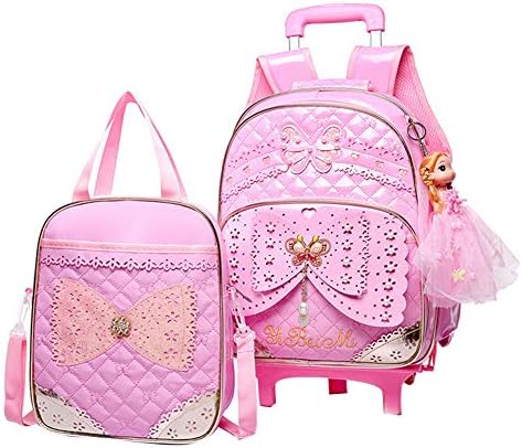 2Pcs Lovely Princess Style Elementary Students Rolling Backpack Cute Bowknot Primary School Trolley Bag School Book Bag Girls Daily Bag with Wheels