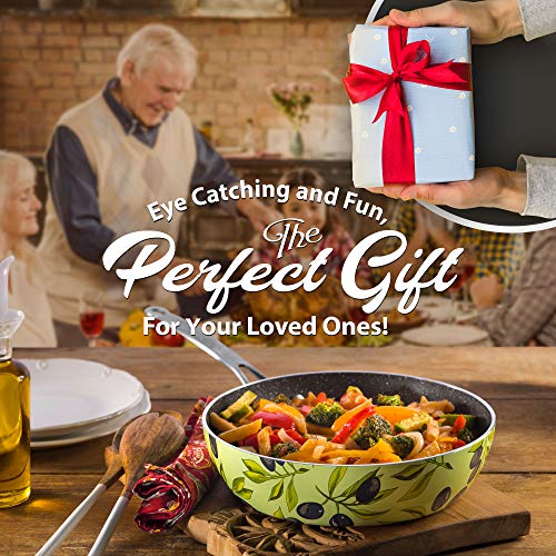 Decorative Green Non Stick Frying Pans Wok - Deep Skillets Induction Ready Hard Anodized Granite Marble Stone Coating Pan 9.5 inch for Cooking ,Baking on Stove or Oven with Stainless Steel Handle - Thumbnail 2