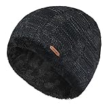 lethmik Unique Ribbed Knit Beanie Warm Thick Fleece Lined Hat Mens Winter Skull Cap Black