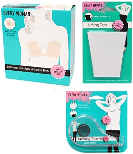 Every Woman Deep Plunge Wing Bra for Lifting & Shaping Backless Strapless Adhesive: Nude, A + Lifting Tape to Keep Dresses Up 10 Clear Double Sided Adhesive Strips + Dressing Tape Roll 10 Feet Double Sided Adhesive Tape