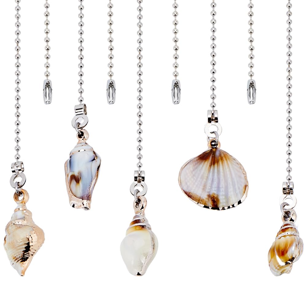 CRASPIRE 10Pcs 5 Style Sea Shell Ceiling Fan Pull Chain Extender Ocean Boho Natural Shells Plated Charm Pendant Decorative Extension Connector Replacement Summer Hanging Ornament for Lighting Lamp