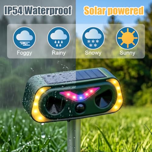 AYESY Ultrasónico Repelene de Animales, Repelente Gatos Solar con Luz LED Ahuyentador Gatos Perros Roedores, Resistente al Agua para Jardín Patio Granja Recargable Sensor Infrarrojo sin Dañar Animales