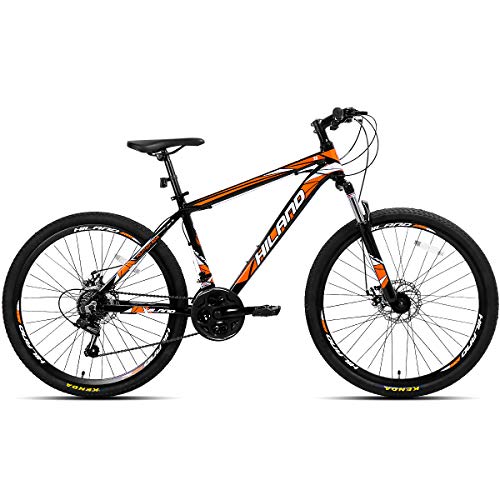 Hiland 26 Inch Mountain Bike Aluminum MTB Bicycle with 17 Inch Frame Kickstand Disc-Brake Suspension Fork Cycling Urban Commuter City Bicycle Black Orange