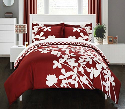 Chic Home 3 Piece Calla Lily Reversible Large Scale Floral Design Printed with Diamond Pattern Reverse Duvet Cover Set, King, Maroon Red
