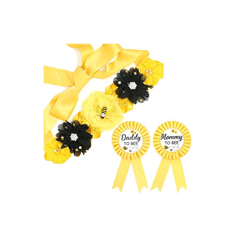Yellow Maternity Sash & Mommy Daddy Corsage Set – What Will Baby Bee Baby Shower Gift Set Mommy Sash Pregnancy Sash…