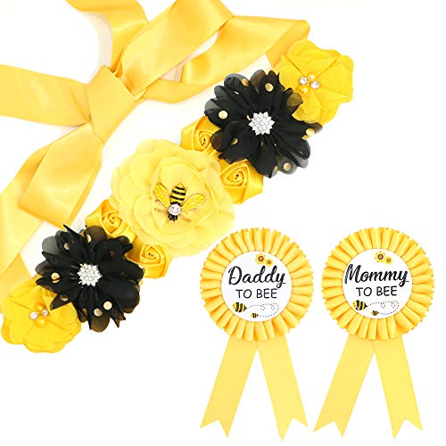 cinturón de maternidad amarillo y conjunto de ramillete de mamá y papá - what will baby bee baby shower gift set mommy sash pregnancy sash recuerdo baby shower flower belly belt