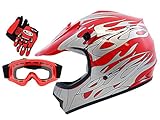 TMS Youth Kids Red Flame Dirt Bike ATV Motocross Helmet with Goggles and Gloves (Large)