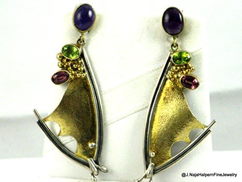 GOLD and Sterling Silver Gemstone Earrings 2 1/4 inch. Amethyst Rhodolite Garnet and faceted Peridot Lightweight Earrings.