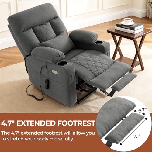 Power Lift Recliner Chair for Elderly with Adjustable Headrest, Triple Motor Zero Gravity Recliner Chairs for Adults with Massage & Heat, Extended Footrest, Cup Holder, Lumbar Pillow, Fabric (Grey)