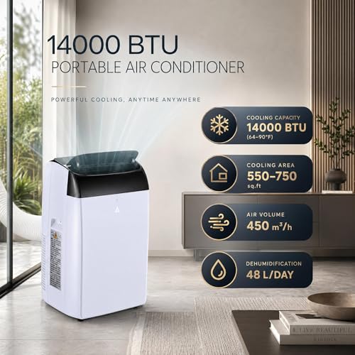 IDEALHOUSE 14,000 BTU Portable Air Conditioner for Large Room Up to 700 Sq.ft, 3-in-1 Portable AC Unit with Secure Window Kit, Auto-Evaporating Floor Air Conditioner with Remote & Timer for Bedroom