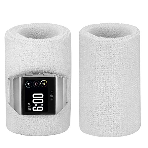 Fastgo Innovative Patented Wrist Sweatbands for Fitbit Ionic with Hole for HR Monitoring, Women and Men s Cotton Sport Wristband for Baseball Basketball Yoga Football Fitness Excercise (White)