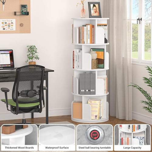White Rotating Bookshelf, 360 Display Spinning Standing Bookcase Storage Rack, Wood Narrow Corner Book Shelf Organizer for Bedroom, Living Room, 4 Tier 40 * 40 * 126cm