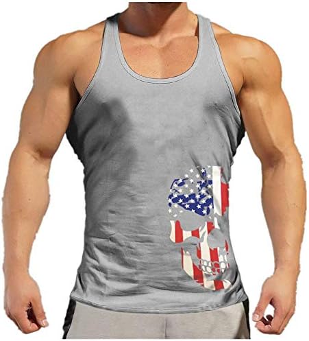 Mens American Skull Print Stringer Bodybuilding Gym Muscle Y-Back Fitness Vest Tank Top