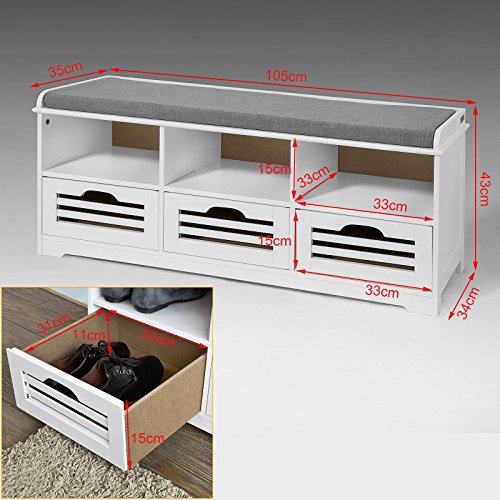 Haotian FSR36W, White Storage Bench with 3 Drawers & Padded Seat