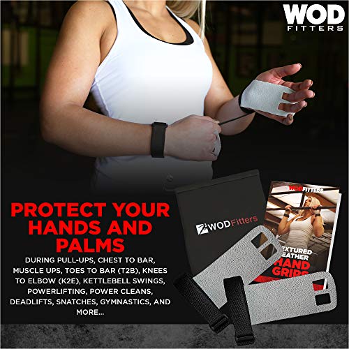 WODFitters Textured Leather Hand Grips for Cross Training, Kettlebells, Powerlifting, Chin Ups, Pull Ups, WODs & Gymnastics - One Pair with Carrying P - Thumbnail 2