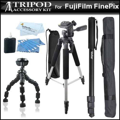 Tripod Kit Includes 57" Tripod + 67" Monopod + 7" Flexible Tripod + More For Fuji Fujifilm Finepix X-Pro1, X-Pro 1, HS10 HS20 S4000 S3400 S3300 S3200 S2950 S2800 S2500 S2550HD AX380 AX350 AX300, S9800, S9900W, X-A2, X-A1, X-T1, XQ2, X30 Digital Camera