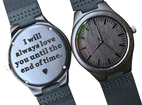 Personalized Wooden Watch Custom Wood Engraved Leather Strap Wristwatch Groomsmen Gift Boyfriend Father Husband Son Birthday Anniversary Engagement Wedding Christmas (I Will Always Love You)