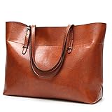 Women's Leather Work Tote Large Shoulder Bag Top Handle Handbag Zipper Closure Wide Brown