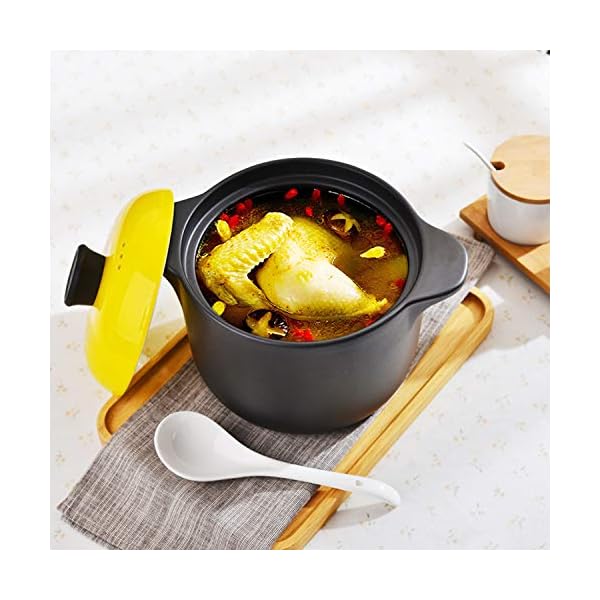 Kitchen-Stoneware-Cooking-Pot-Tureen-Soup-Casserole-Dish-with-Lid-Chinese-SoupClayEarthen-Pot-with-Double-Handle-and-Yellow-Lid-Ceramic-Cookware-Round-Black-25-Liter Kitchen Stoneware Cooking Pot Tureen Soup Casserole Dish with Lid, Chinese Soup/Clay/Earthen Pot with Double Handle and…