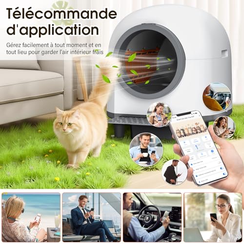 RWSRW Litiere Chat Autonettoyante, 80L Bac à Litière à Nettoyage Automatique par APP et 9 Capteurs, Automatique avec Contrôle pour Les Grands Chats (Blanc)