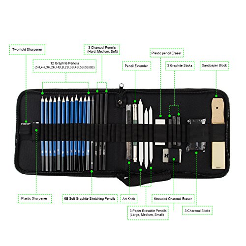 12 Set Graphite Pencils 5H, 4H, 3H, 2H, HB, B, 2B, 3B, 4B, 5B, 6B, 8B Graphite Pencils, Graphite Pencils Set with Pastel Pencils, Paper Erasable Pen, Zippered Carry Case - Thumbnail 2
