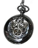 Dragon Black Pocket Watch Necklace Pendant - Steampunk Vintage Victorian Style Retro Pocketwatch Dragon charms