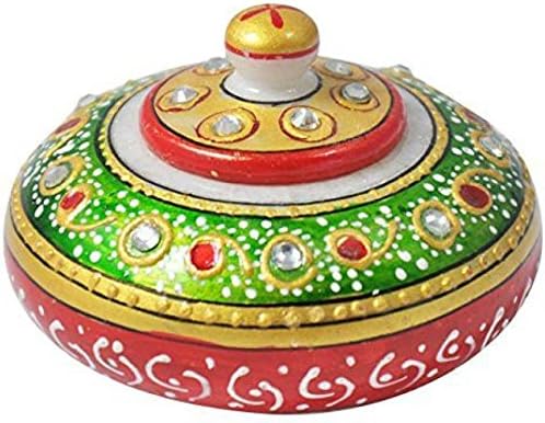 Craftam Rajasthani Handicrafts, Meena Work, Hand Printed, Marble Made Kumkum Box, Sindoor Dibbi, Sindoor Dani, Pill Box (Size : 7.65 cm x 7.65 cm x 5.1 cm)