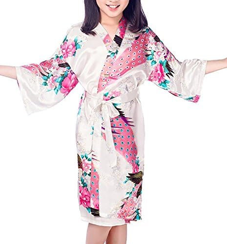 Lucao Girls' Peacock Flower Satin Kimono Wrap Sleepwear Robe Children's Bathrobe