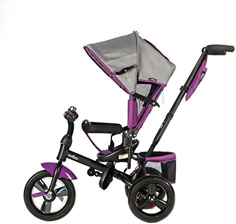 EVEZO 307A 4-in-1 Adult Push Tricycle for Kids, Stroller Trike, Reclining Seat, Ringing Bell, 5-Point Safety Harness, Full Canopy, Storage Bin (Violet Purple)