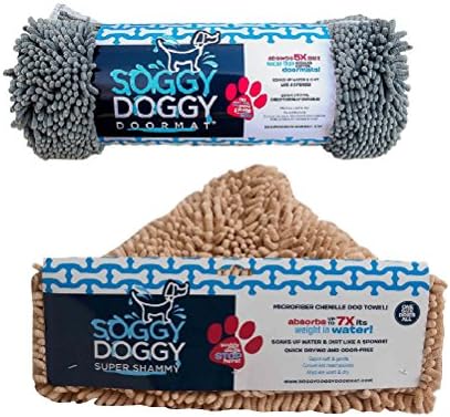 Soggy Doggy 2 Item Bundle: Super Absorbent Pet Door Mat Grey (No Bone) and Super Shammy Dog Towel (Beige)