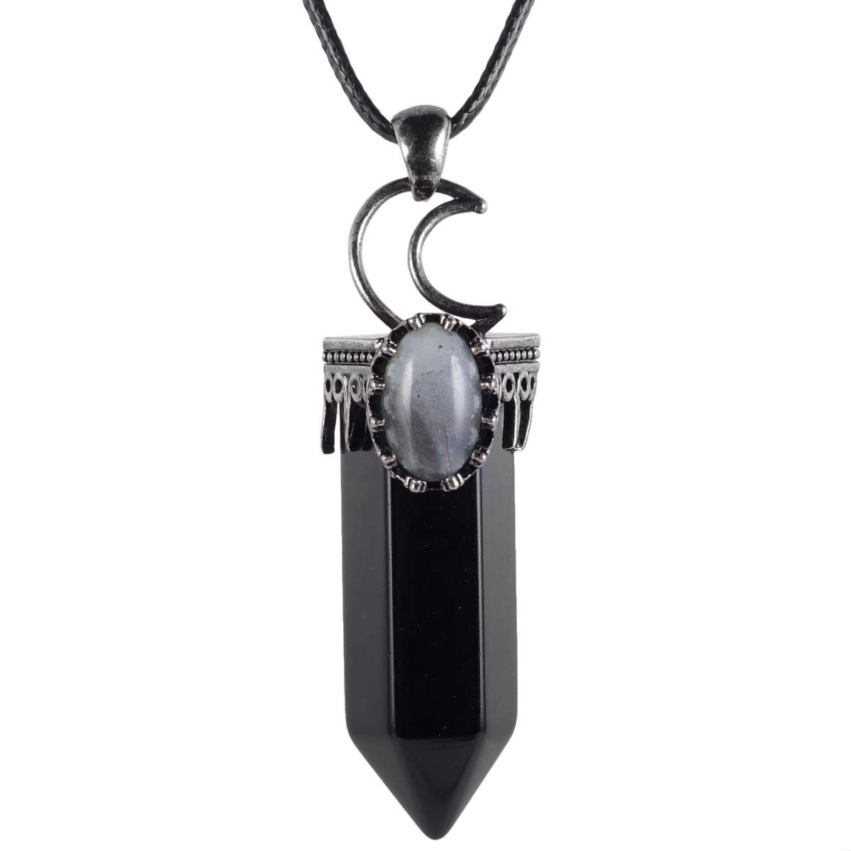 Nupuyai Vintage Moon Obsidian Crystal Point Pendant Necklace for Women, Hexagonal Stone Energy Protection Pendant with Chain