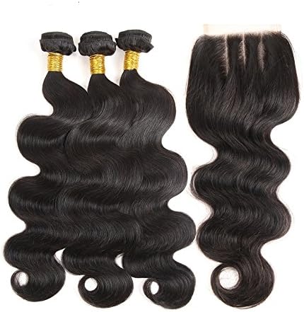 Xmas Gift TGP 4PCS/LOT 8A Brazilian Virgin Hair Weft With Closure 3 Bundles Top Unprocessed Brazilian Body Wave Cheap Human Remy Hair Weave Extension #1B,Three Part (10"10"10"+8)