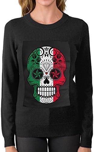 CVIEWEM Italian Flag Sugar Skull With RosesRound Neck Graphic Sweater Boyfriend Cheap Warm