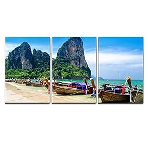 3 Piece Canvas Wall Art - Traditional Thai Boats at The Beach of Krabi Province. - Modern Home Art Stretched and Framed Ready to Hang - 16"x24"x3 Panels