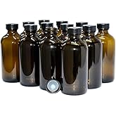 GlassBottleOutlet (Pack of 12) 8 oz. Amber Boston Round with Black Poly Cone Cap