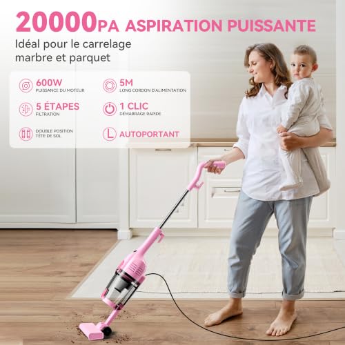 Broom Vacuum Cleaner with Wire, Powerful Wired Mop Vacuum Cleaner 20Kpa, Lightweight | 3 in 1 Vertical Vacuum Cleaner with 5 m Long Cable, Portable Bagless Vacuum Cleaner for Home Carpet Hard Floor Pet Hair
