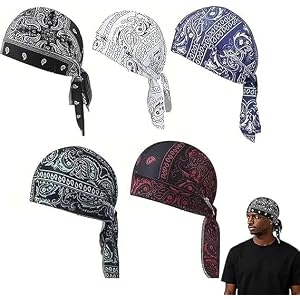 5PCS Paisley Cooling Headscarf Cap Set,Breathable Sweat Wicking Durag,Pirate Sweat Style Headscarf Cap for Men Running Cyclin