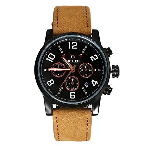Men's Military Japan Quartz 30M Waterproof Crystal Rhinestone Dial Watch with 3 Sub-Dials (Brown)