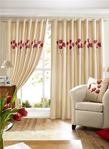 Cream Red Lined Eyelet Curtains Ringtop Poppies 66 X72 Amazon