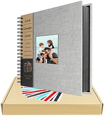 Scrapbook Photo Album 80 Pages, LUNIQI 10 inches Linen Hardcover, Burlap Photo Collection with Photo Opening, DIY for Wedding Guest Book, Love Moment with Storage Box and 6 Corner Stickers,1026 pcs
