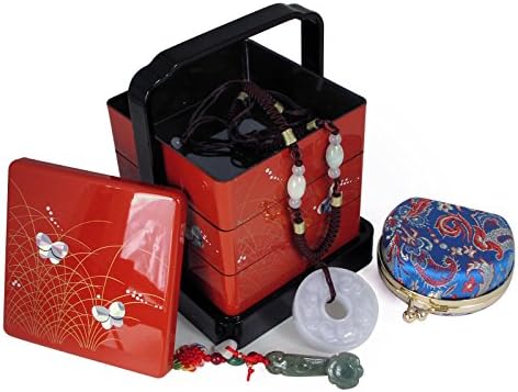 Feng Shui Jade Jewelry in Small Japanese Bento Style Box Gift Set with Mirror Case