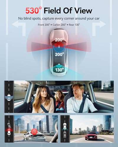 REDTIGER 530° 3-Channel Car Dashcam, 2.5K+2.5K+1080P Car Camera with 128GB Card, IR Night Vision, Touch Screen, Front Dashcam, Includes WiFi GPS, 24H Parking Mode