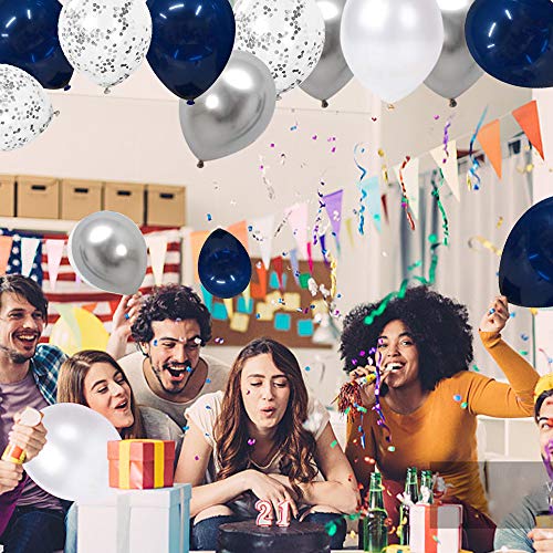 12 inch Navy Blue and Silver Confetti Balloons, White Pearl and Silver Metallic Party Balloons for Wedding or Birthday Decorations(60 pcs)