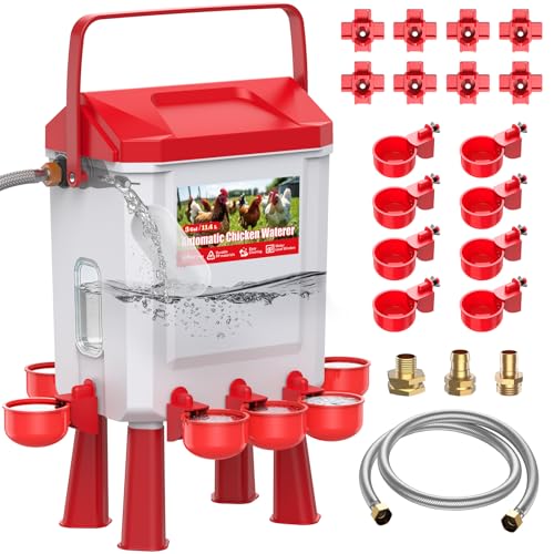 CHAMUTY Automatic Chicken Drinker 10 Litres with 8 Bowls, 8 Nipple Dispensers, Controlled Filtered Float, 1.5 m Stainless Steel Pipe, Automatic Chicken Water Dispenser for Ducks Geese