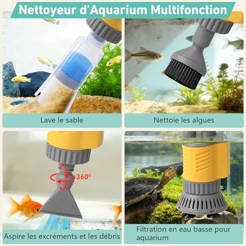 PYPABL Electric Vacuum Cleaner For Aquarium, 1200LPH Cleaning Gravel 8 In 1 Removable, 20W Powerful Suction For Changing Water, Washing Sand, Removing Algae And Circulating Water