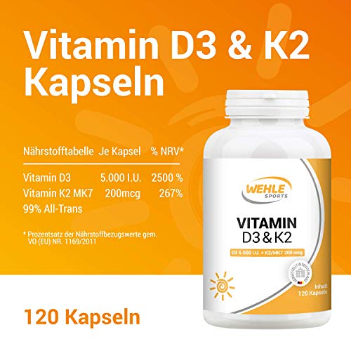 Vitamin D3 + K2 Kapseln 120 Stück Hochdosiert mit 5.000 IE Vitamin D3