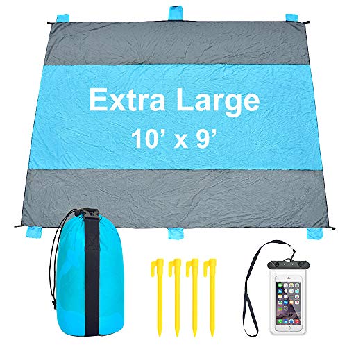 iValley Sand Proof Beach Blanket, 9’x10’ Extra Large Beach Mat for 7 Adults – Sand Free Camp Blanket for Travel, Hiking, Music Festival – Quick Drying Heat Resistant Nylon, 4 Anchor Loops & Stakes