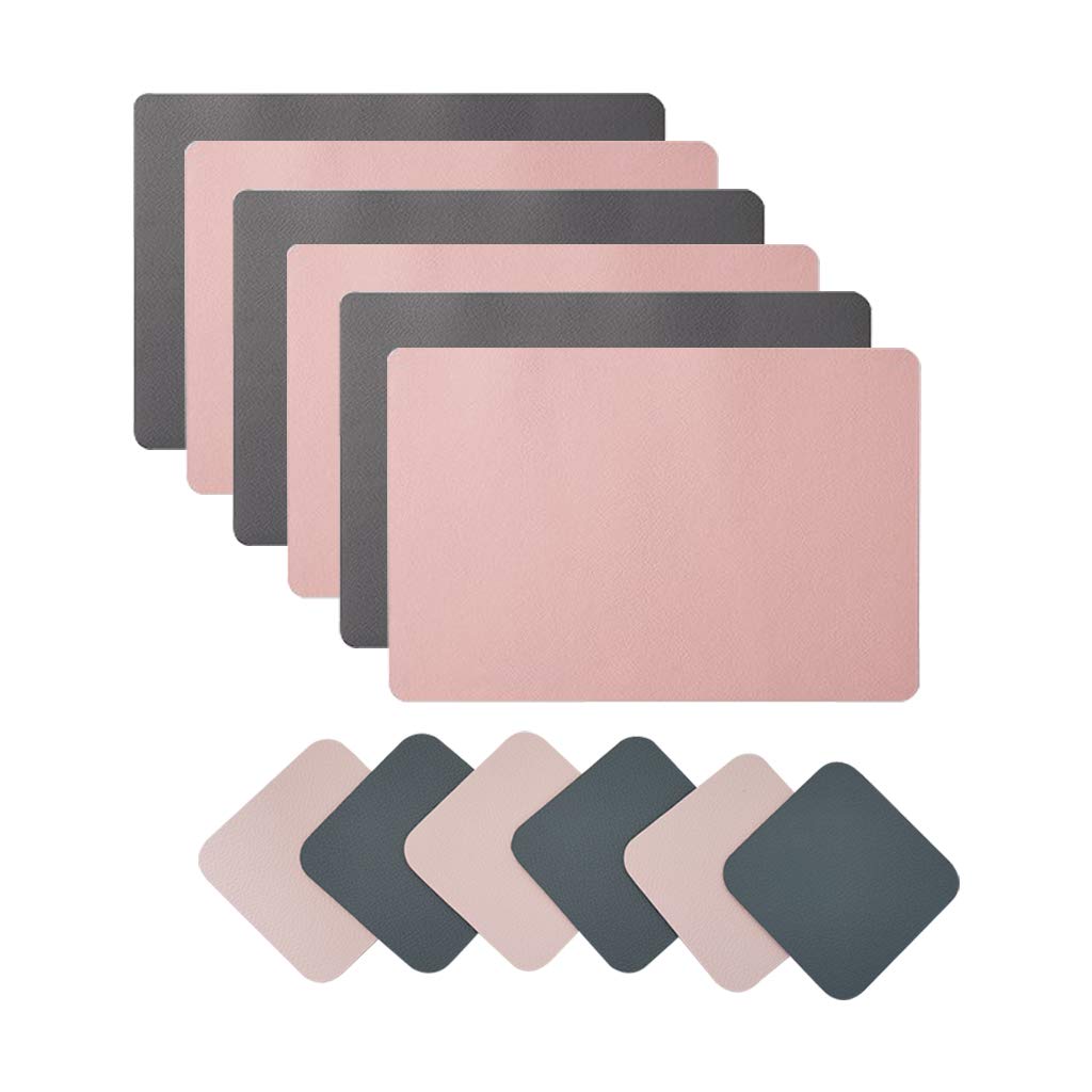 Placemats and Coaster Sets 6, Double Thickened Place Mats Set of 6 Dining Table Mats and 6 Coasters, for Hotel and Office (Pink+Dark Gray)
